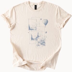Overlapping Landscapes Graphic Tee Vintage Engraving Style Nature Art